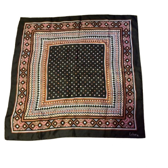 Authentic Original Vintage Style Accessories - Vintage Echo Silk Scarf Geometric Diamond Print Brown Rust Square